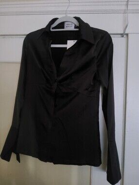 Hello Molly "Angel Energy" Silky Black Button Up  Flared Sleeves Sz S NWT